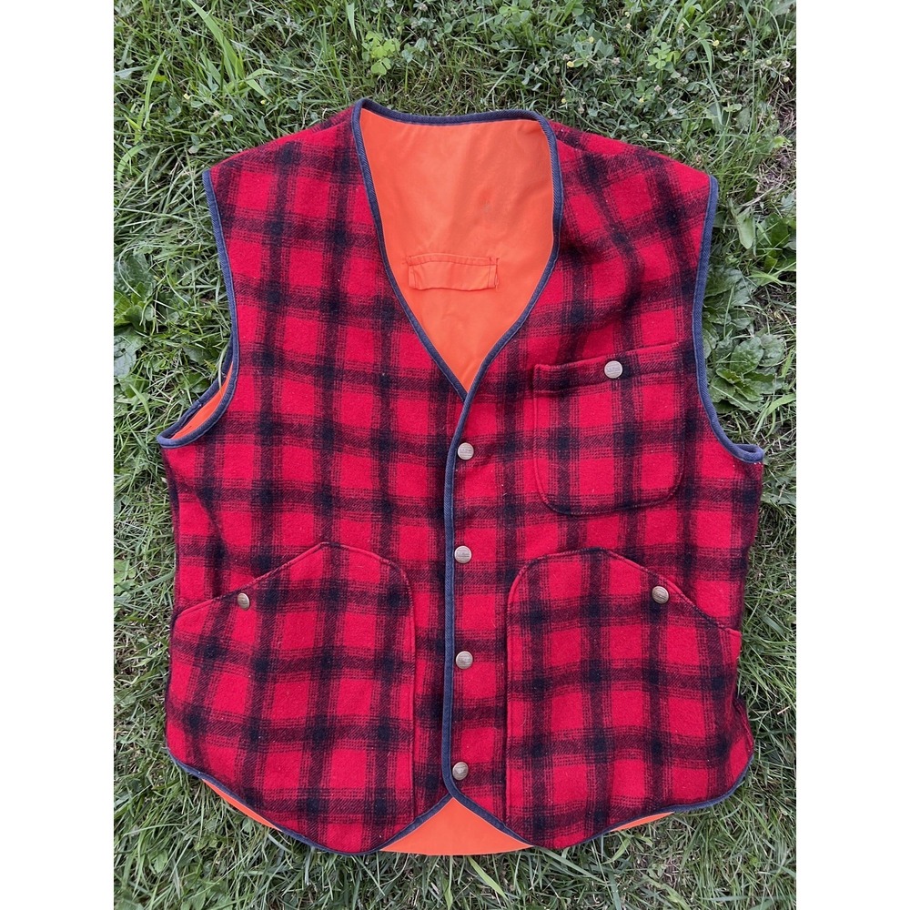 Vintage L.L. Bean Woolrich Vest Reversible Red & Black Plaid Orange Hunting L